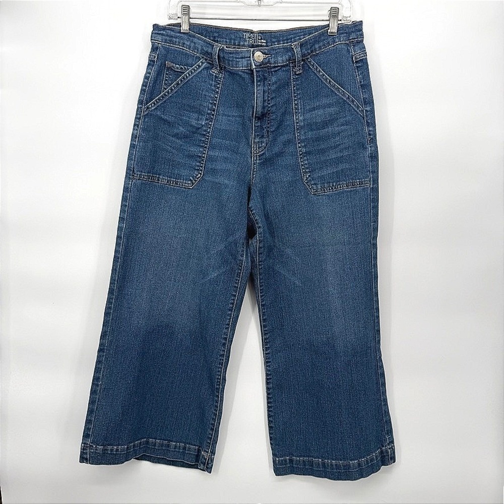 Time and Tru High Rise Wide Leg Jeans Denim Capri Crop Patch Pocket Casual 14